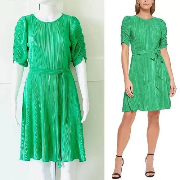 DKNY Satin Pleated Dress Ruched Sleeve Crew Neck Tie-Waist A-Line Pullover Style - Picture 9 of 16